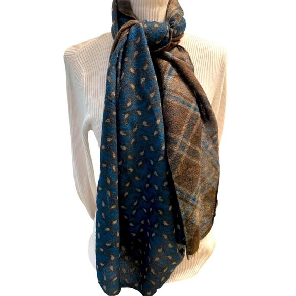 RODA Italian Wool Scarf Reversible Paisley PlaidCottage Royal Grandma Italy